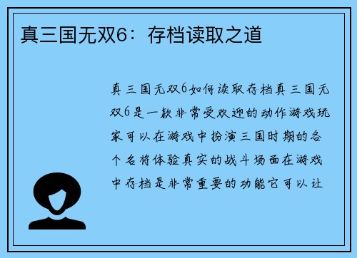 真三国无双6：存档读取之道